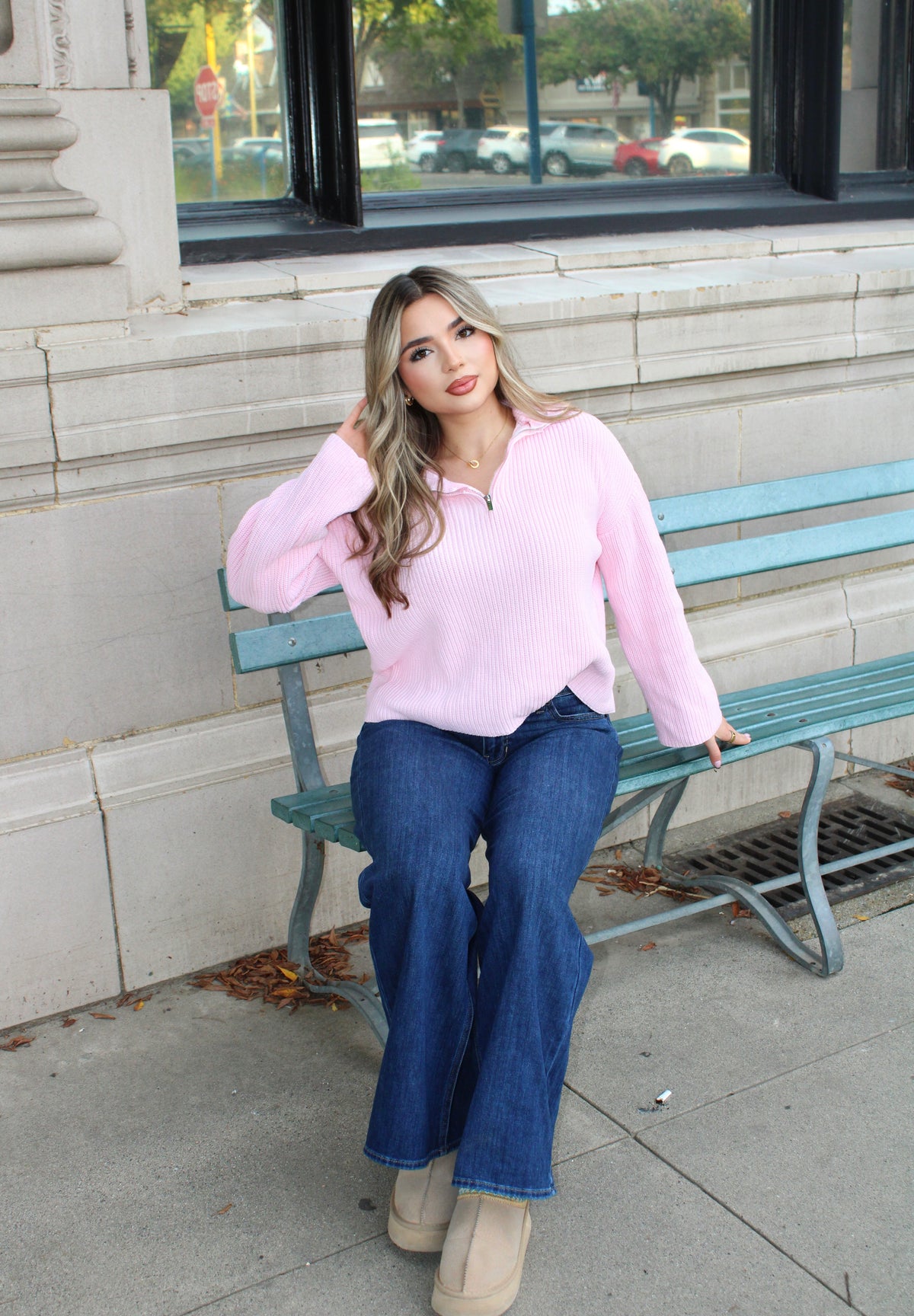 Lisa Sweater Knit Half Zip Top - Soft Pink
