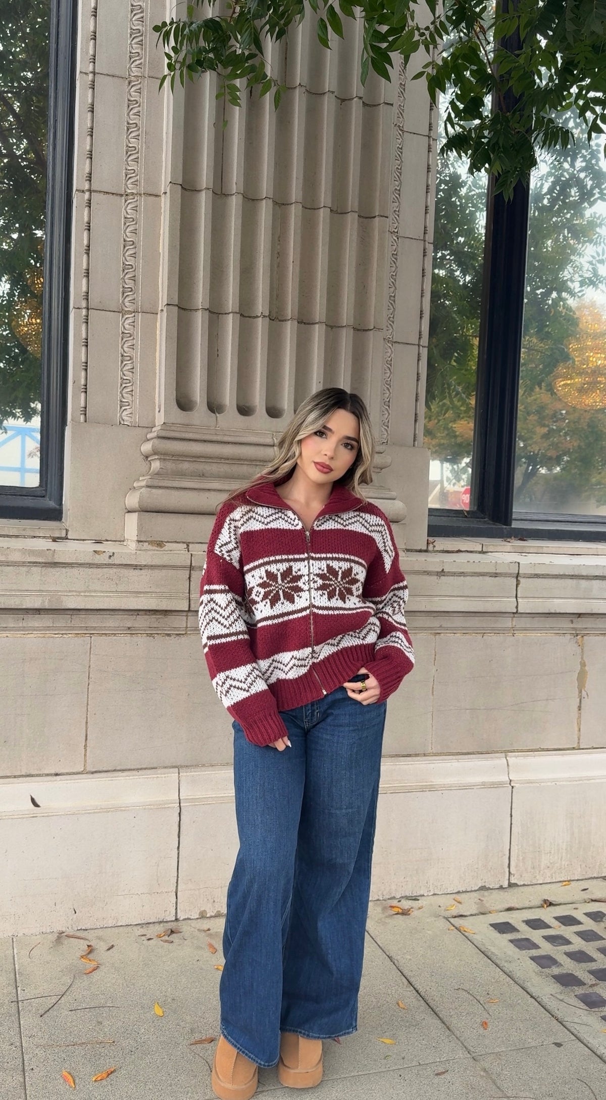 Nordic Zip Up Cardigan - Burgundy