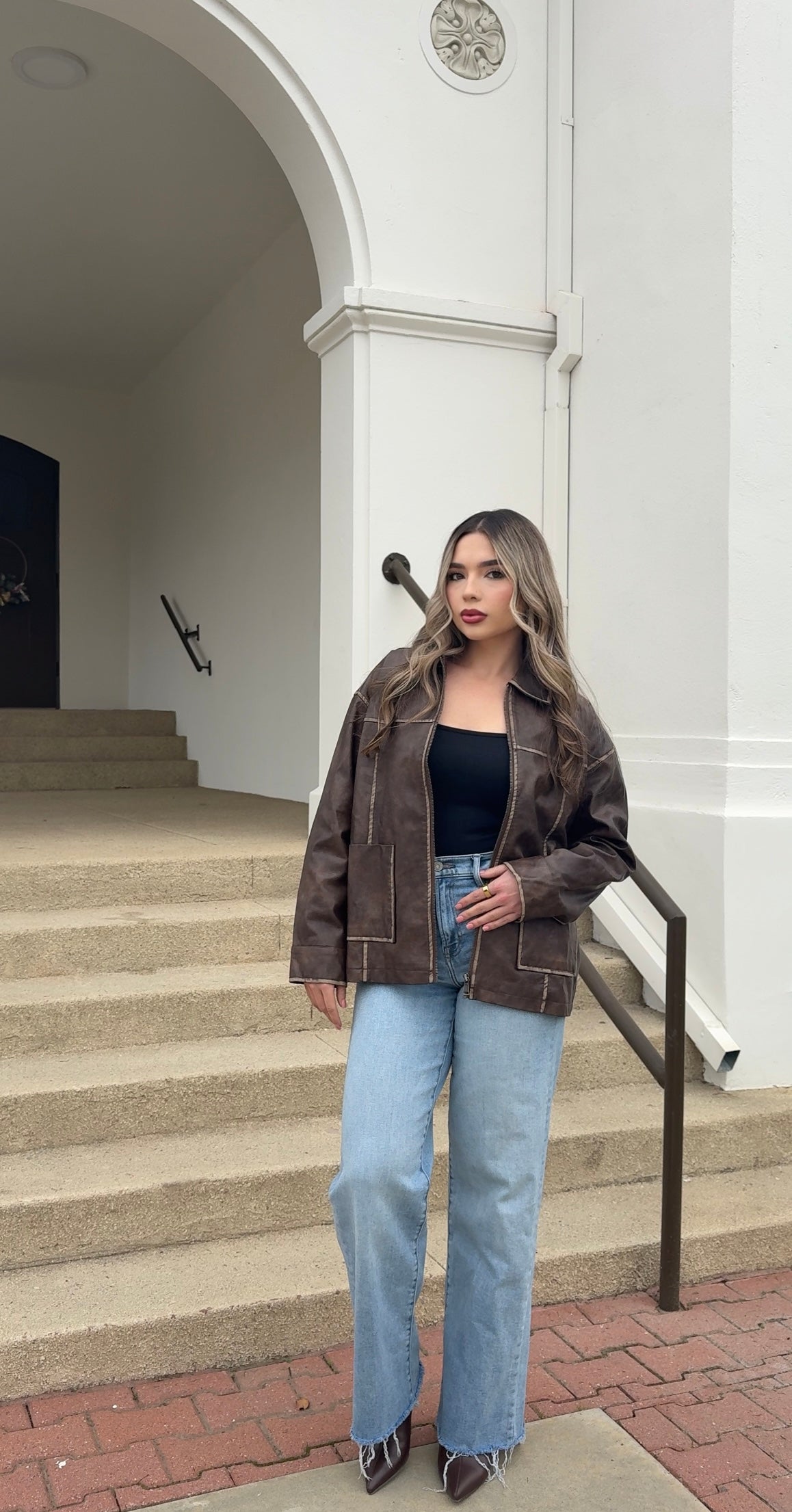 Vintage Leather Zip Up Jacket - Brown