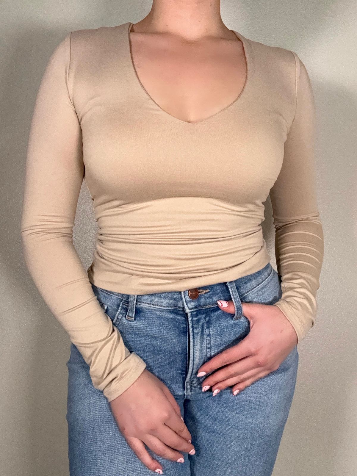 Essential V-Neck Long Sleeve Top - Beige